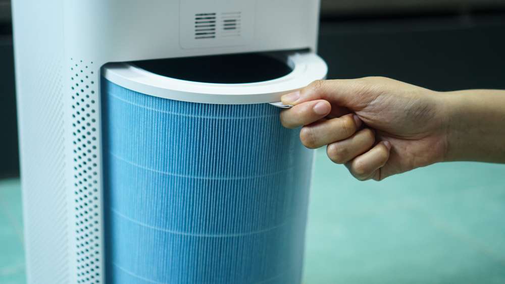 Closeup of a hand pulling an air filter out of an air purifier.