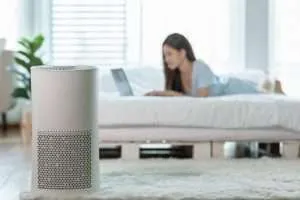 Woman on laptop on bed in background, air purifier in the foreground.