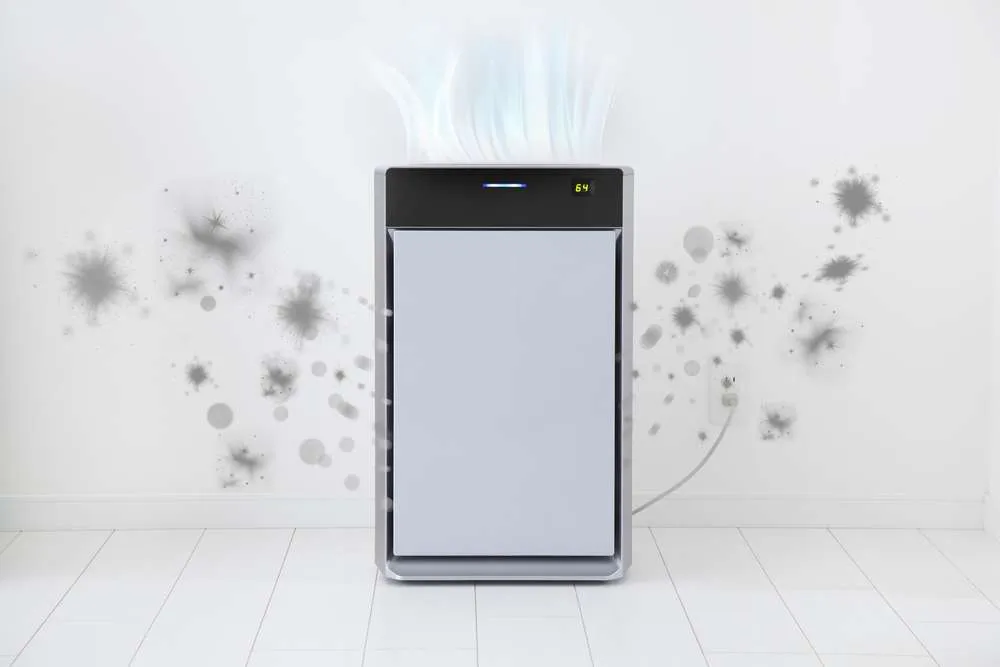Air purifier helping with smells by taking in pollutants and pushing out clean air.