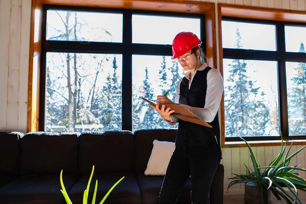 Woman in a hard hat taking notes while standing beside some plants.