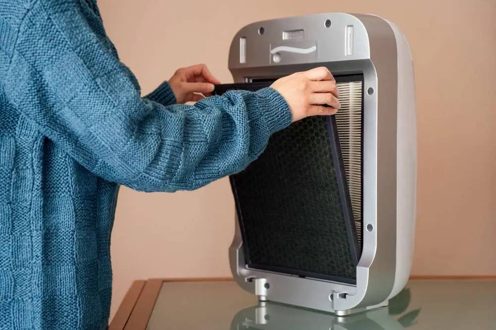 Person taking out a filter from an air purifier.